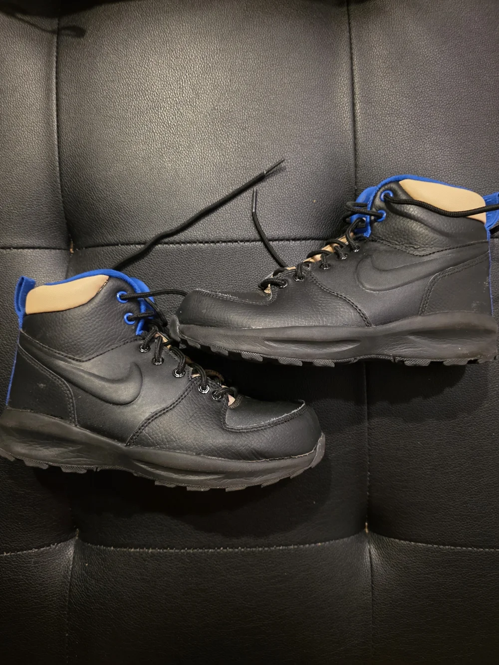 Boy's Nike Black High-Top Leather Boots with Blue And Tan Accents